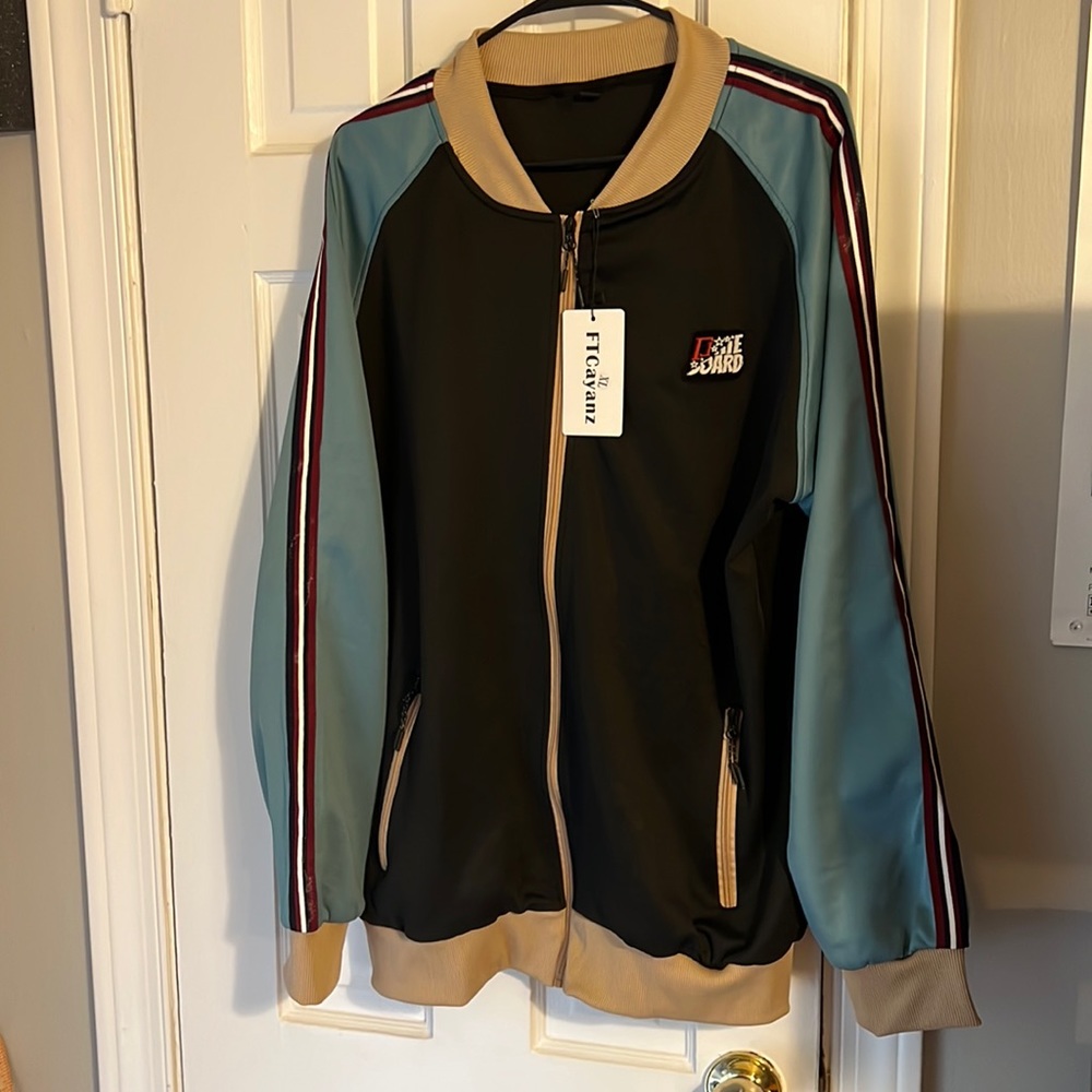 Tracksuit, black/blue/tan, size XL
